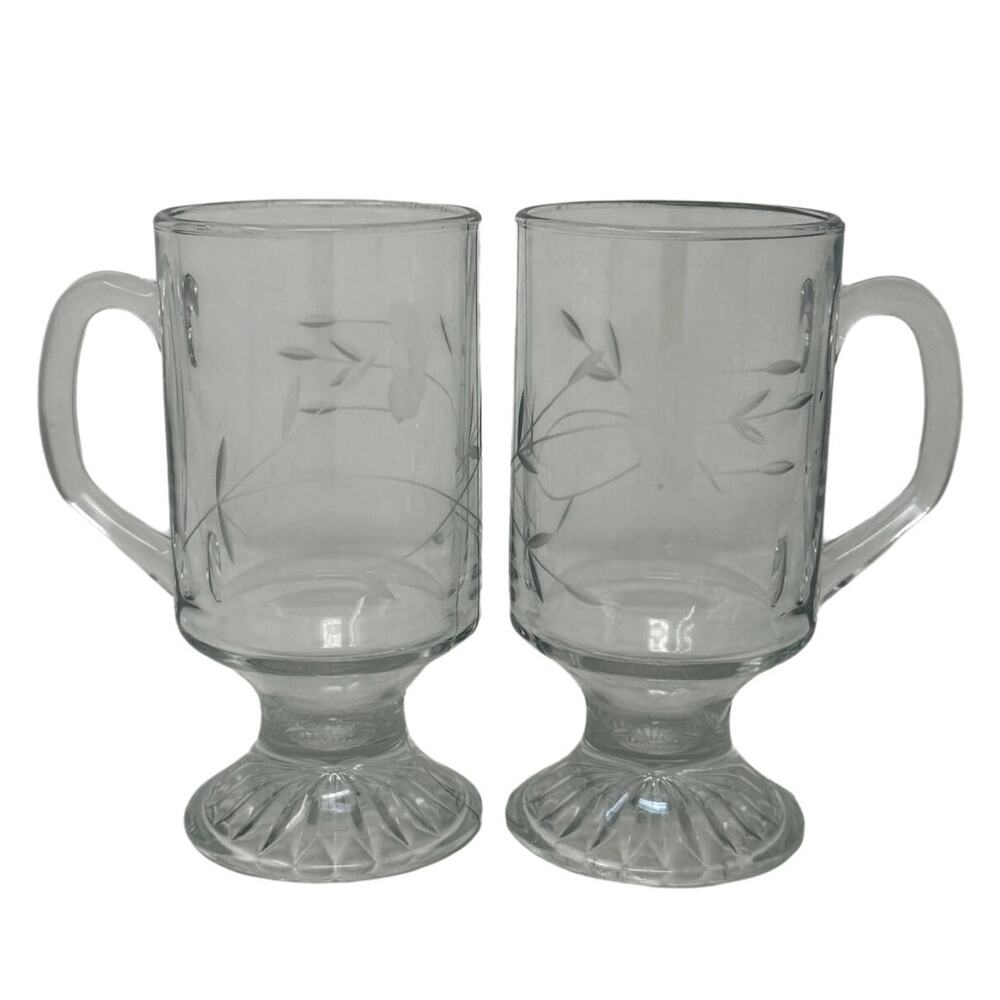 Vintage 90s Princess House Heritage Irish Etched Crystal Glass Coffee Mugs Set 2